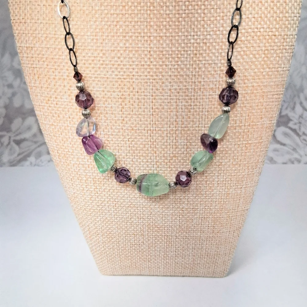 Fluorite Stone Beaded Necklace Purple Green Healing Clarity Balance Crystal